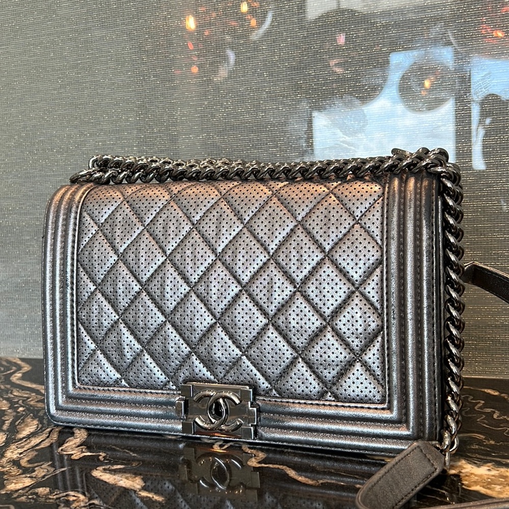 CHANEL Boy Bag (Medium) Perforated Dark Silver Leather